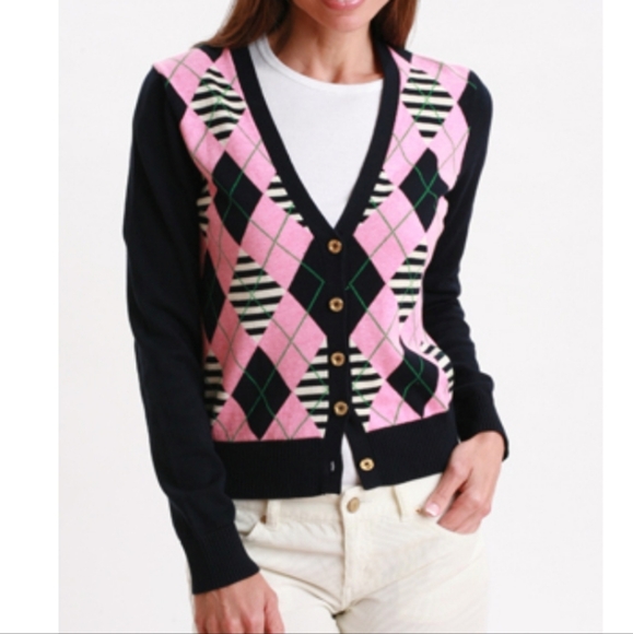 Vintage Lilly Pulitzer Alcott Argyle Cardigan Cotton Merino Wool Sweater Large L - Picture 1 of 8